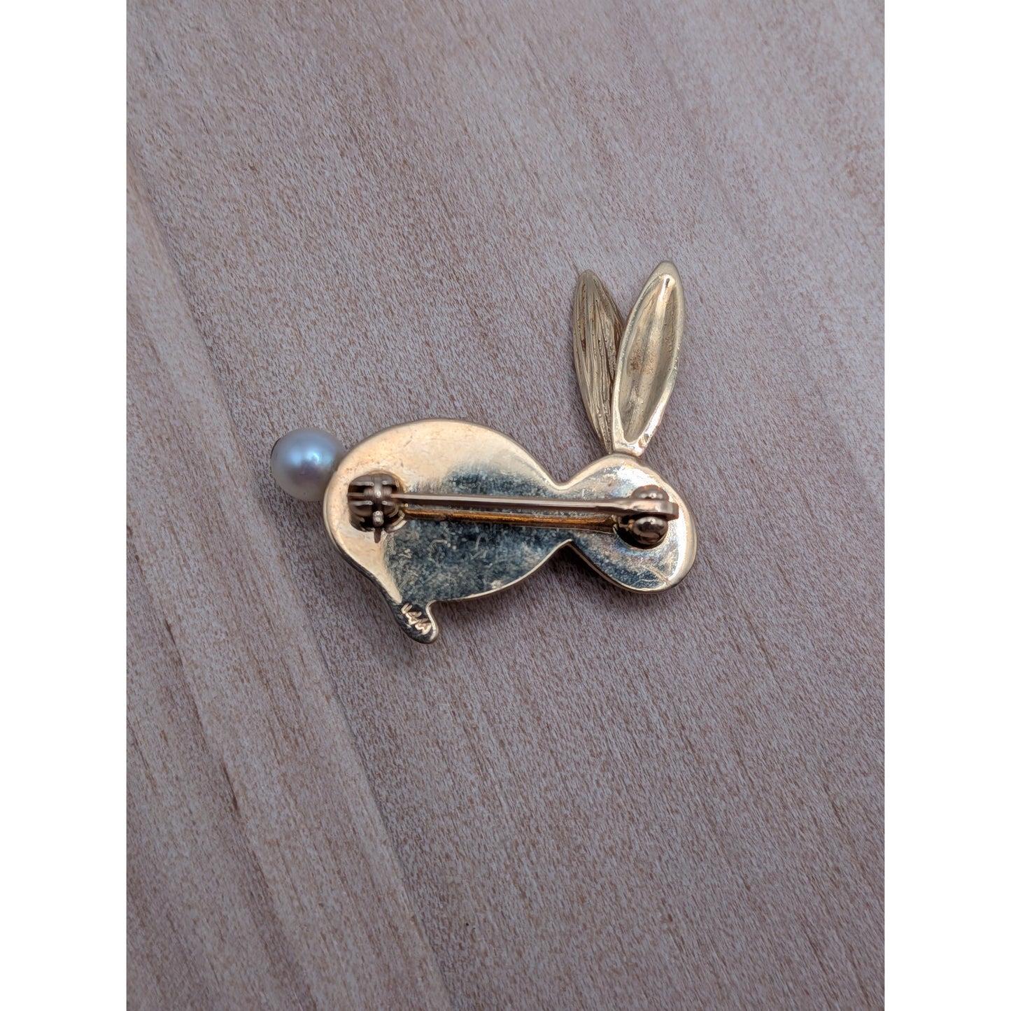 Vintage 14k Yellow Gold Rabbit Brooch with Pink Eye and Pearl