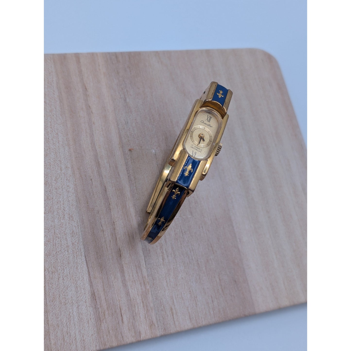Vintage Chandler Gold Tone Manual Watch Blue Enamel Fleur De Lis Accents