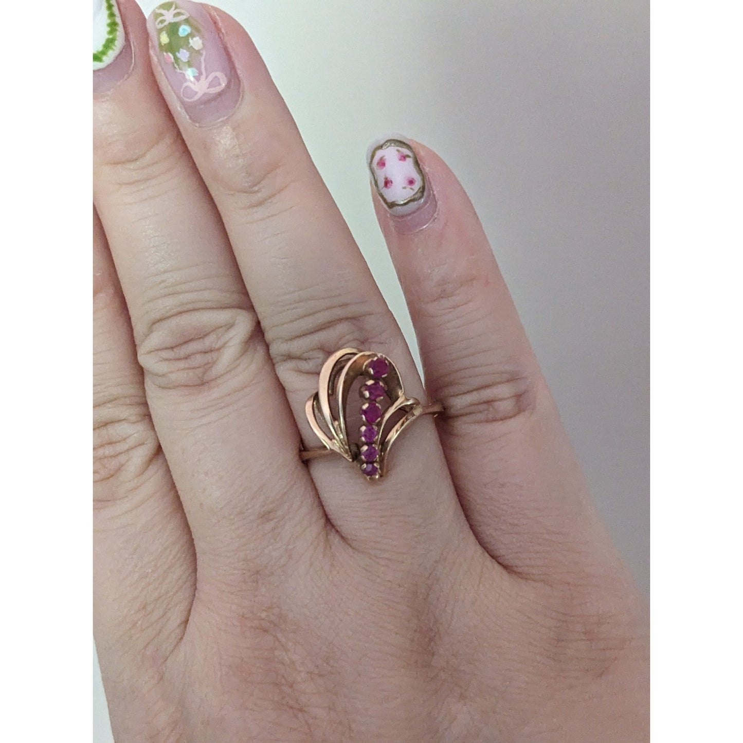 Vintage USSR 14k 1950s Gold Cocktail Abstract Ring with Lab Rubies Size 8.25