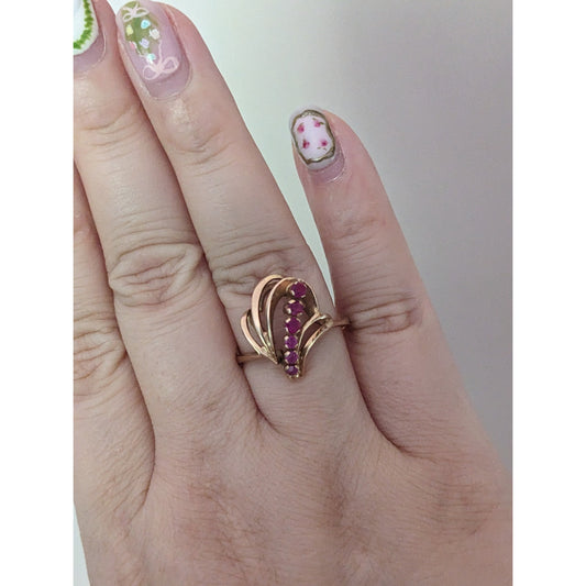 Vintage USSR 14k 1950s Gold Cocktail Abstract Ring with Lab Rubies Size 8.25