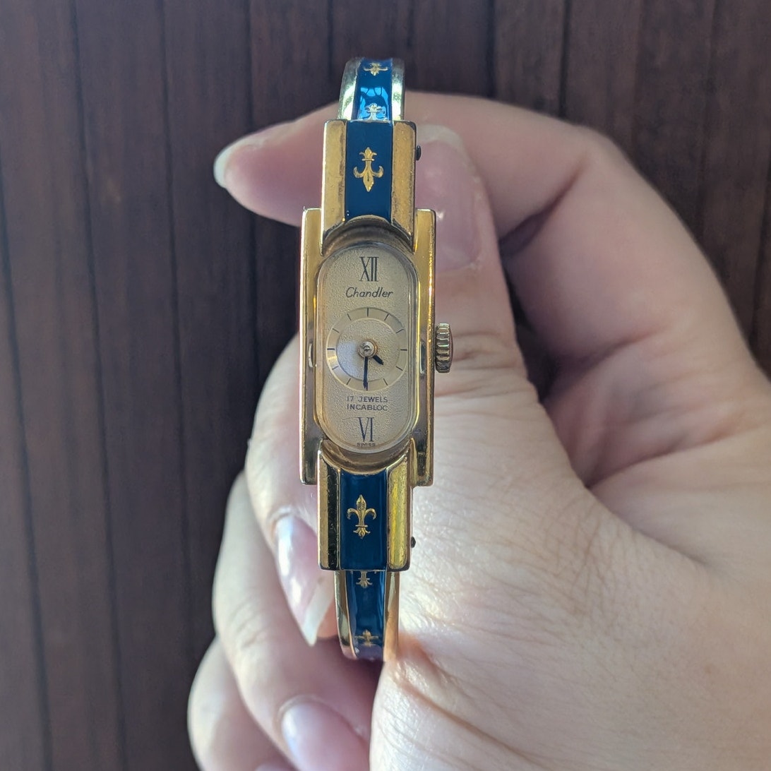 Vintage Chandler Gold Tone Manual Watch Blue Enamel Fleur De Lis Accents