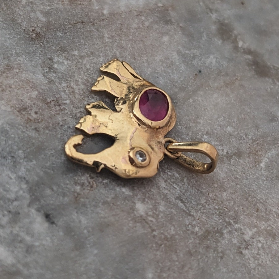 Vintage 14k Yellow Gold Lab Ruby Elephant Charm Pendant