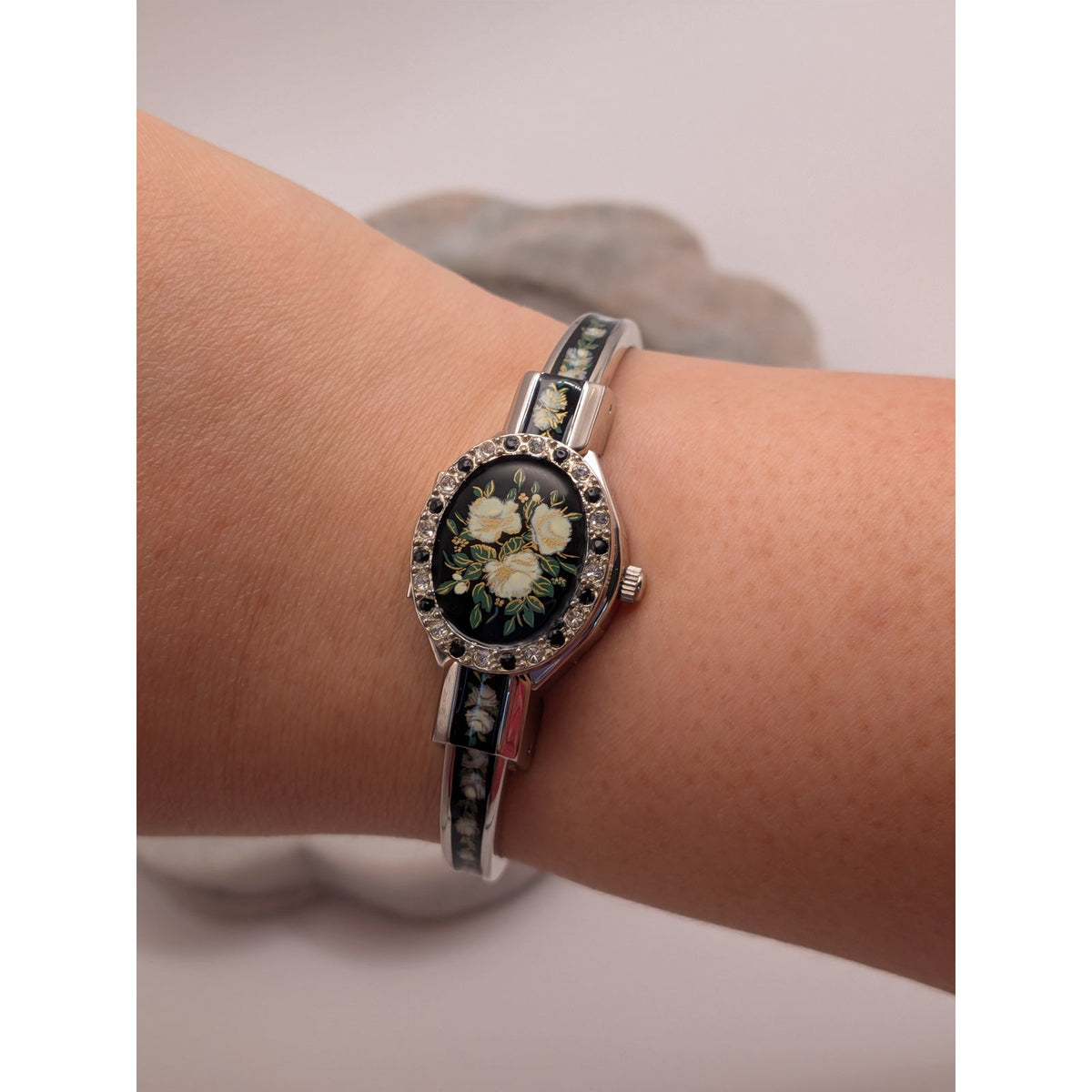 Andre Mouche Silver Tone Bangle Peekaboo Watch Black Enamel White Roses & Stones