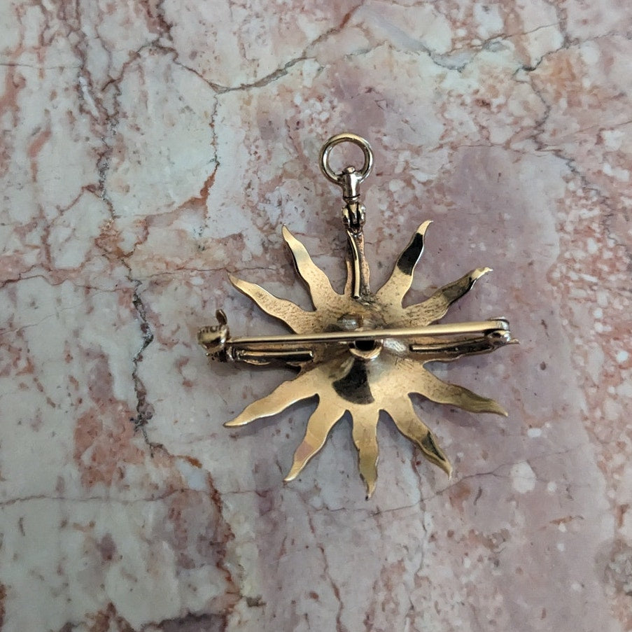 Vintage 10k Gold Starburst Sun with Seed Pearls Brooch / Pendant