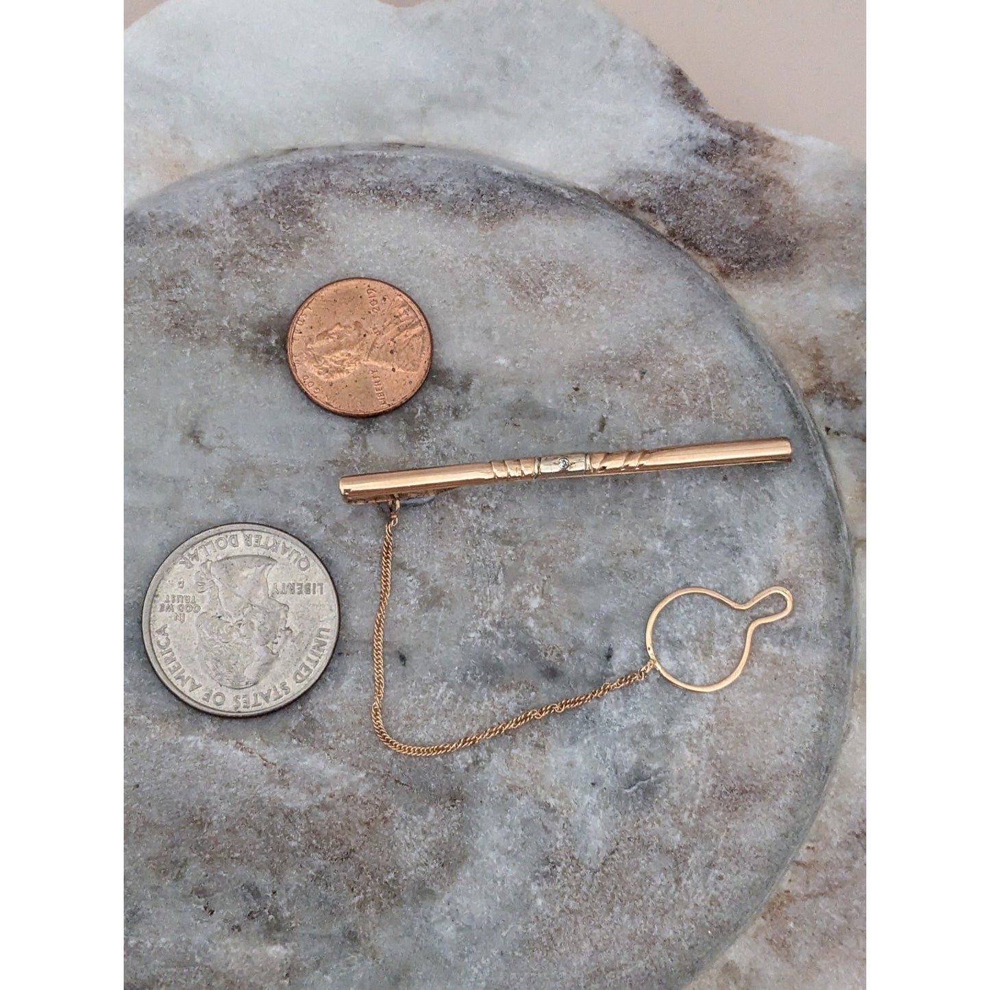 Vintage 1990s 14k Yellow Gold Tie Clasp Clip Tiny with Diamond Chip