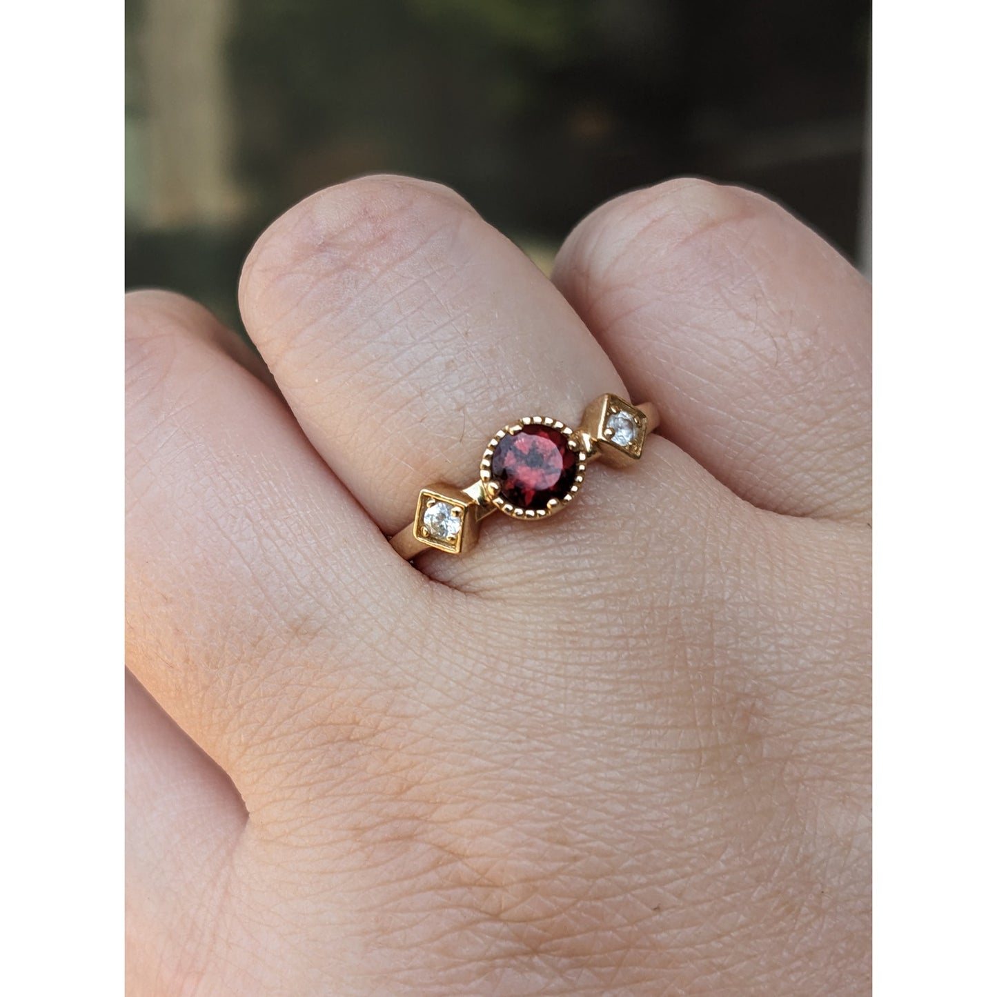 Estate 14k Yellow Gold Red Garnet White Zircon Accent Stone Ring Size 7