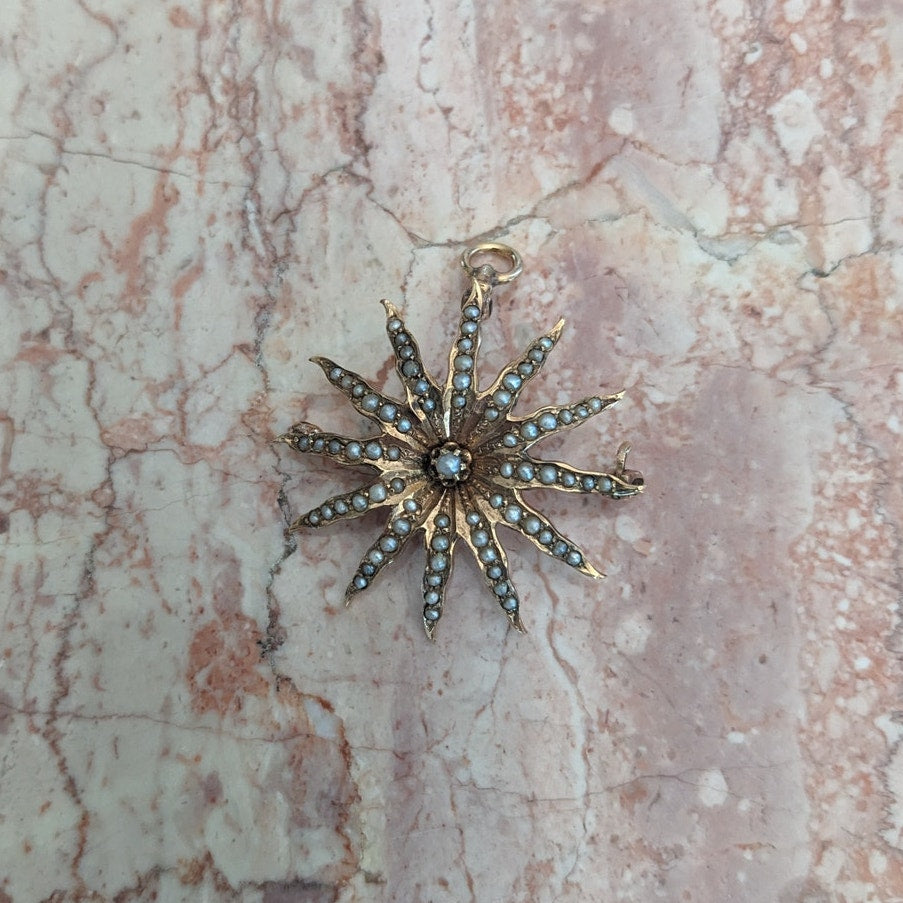 Vintage 10k Gold Starburst Sun with Seed Pearls Brooch / Pendant