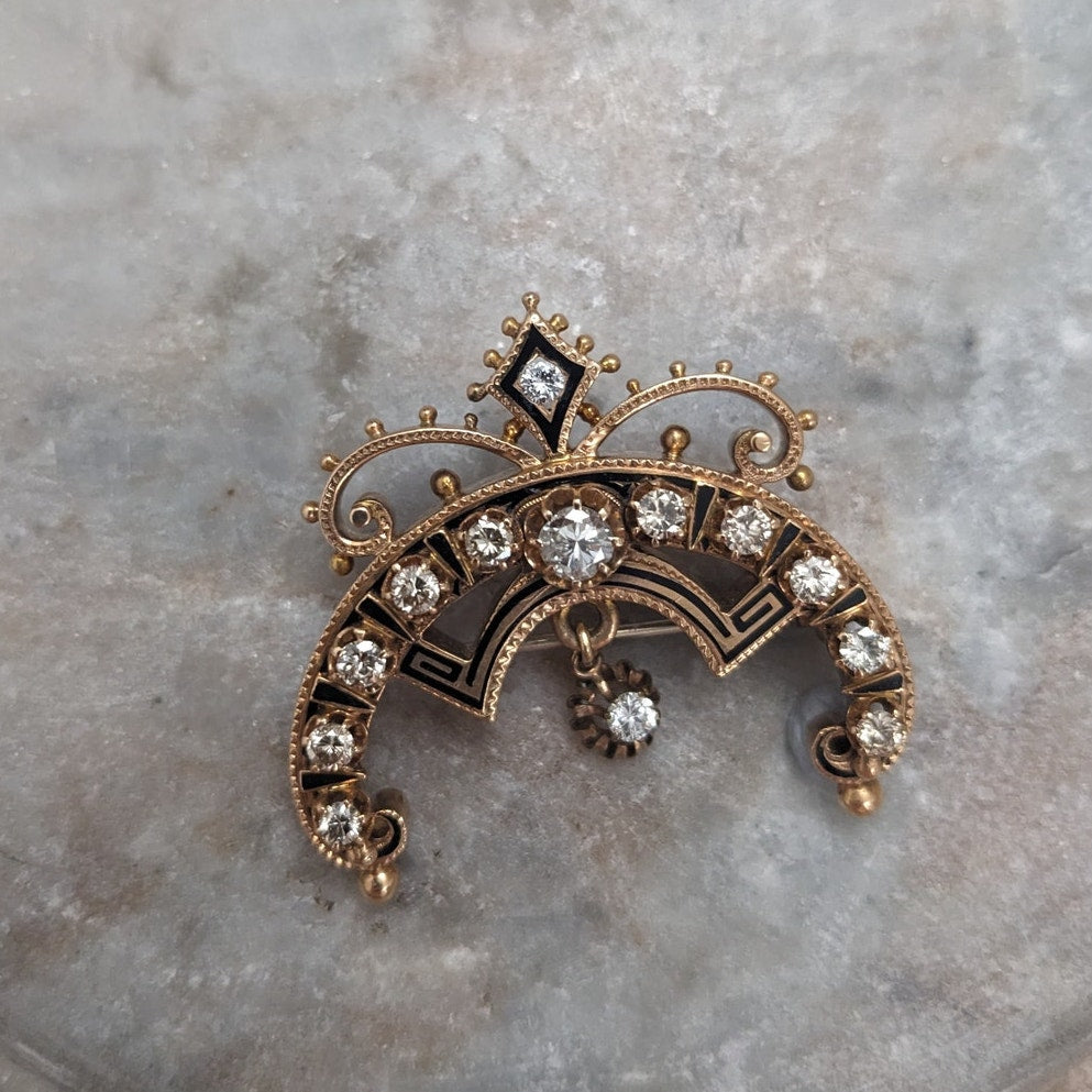 Antique Unmarked 14k Black Enamel & Diamond Crescent Moon Brooch