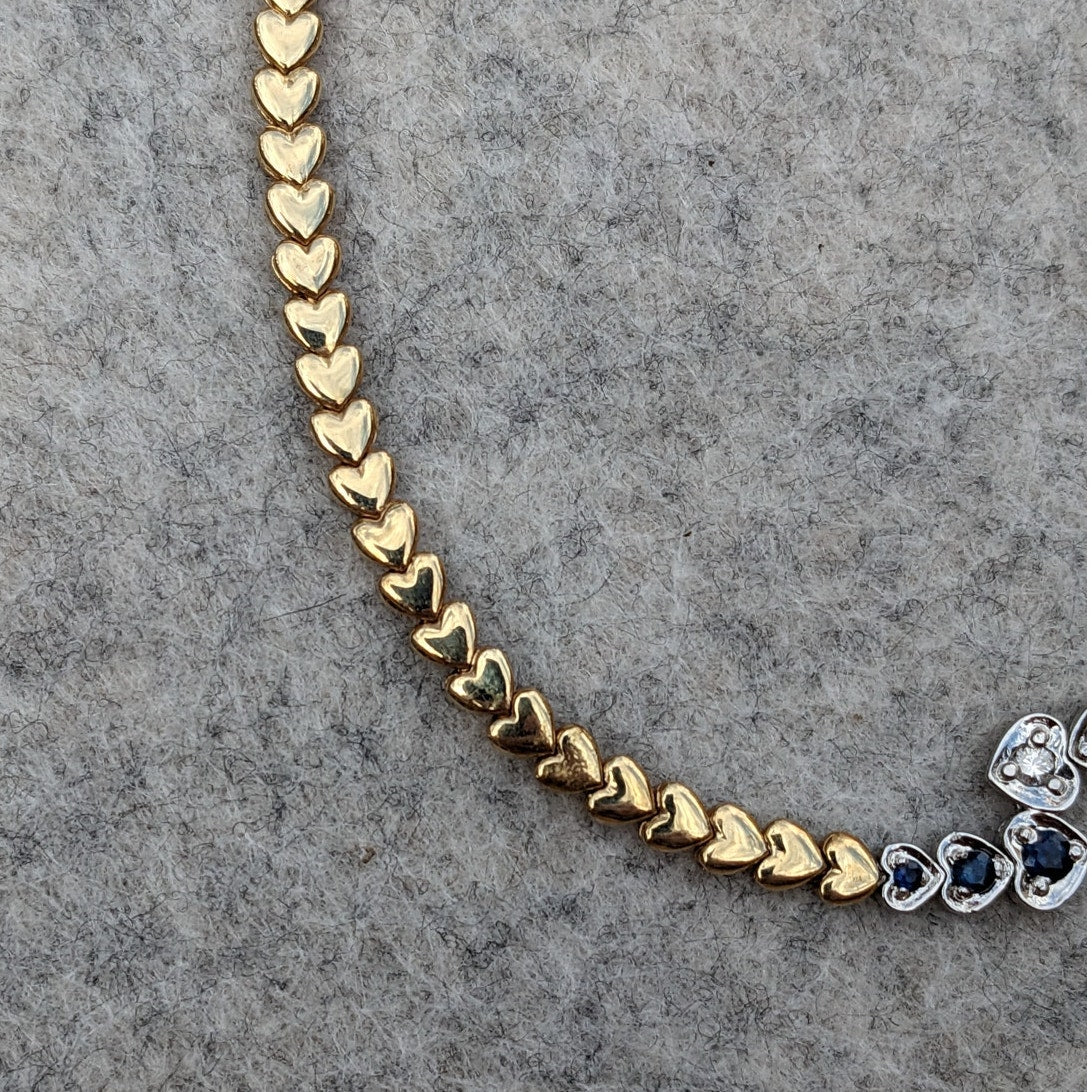 Vintage 14k Yellow Gold Heart Bracelet with Diamonds & Sapphires 7in
