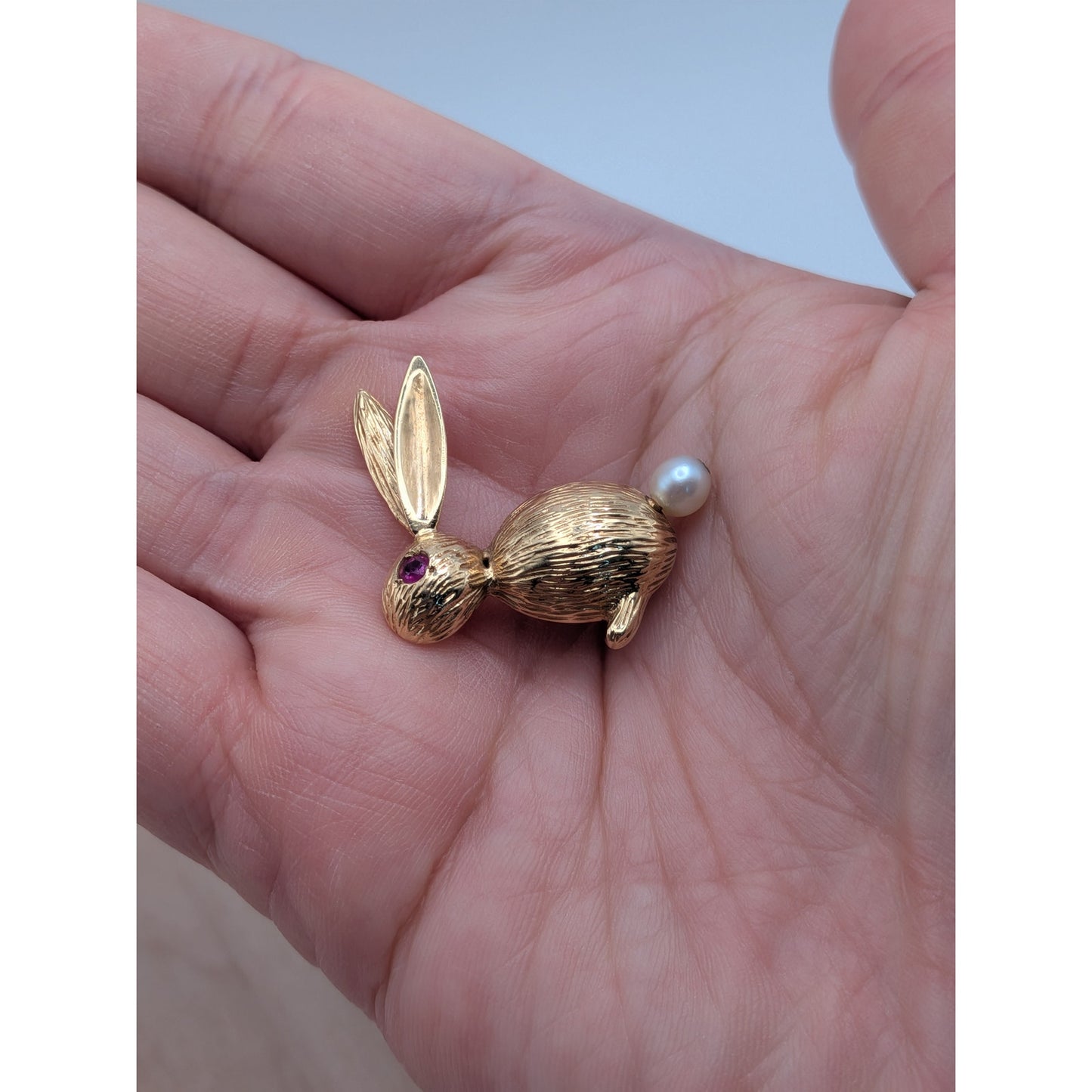 Vintage 14k Yellow Gold Rabbit Brooch with Pink Eye and Pearl