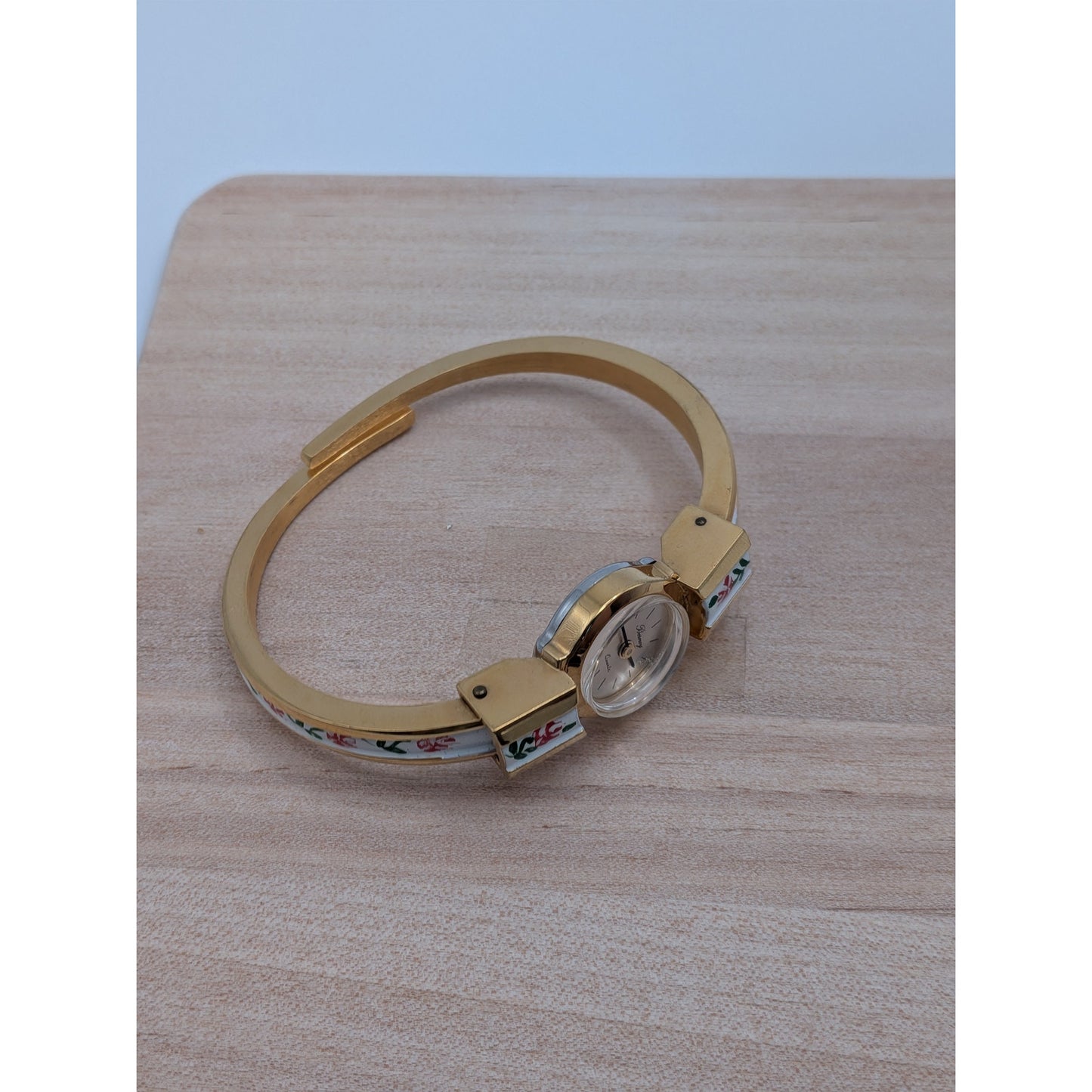 Vintage Berney Gold Tone Watch White Enamel with Red Flowers