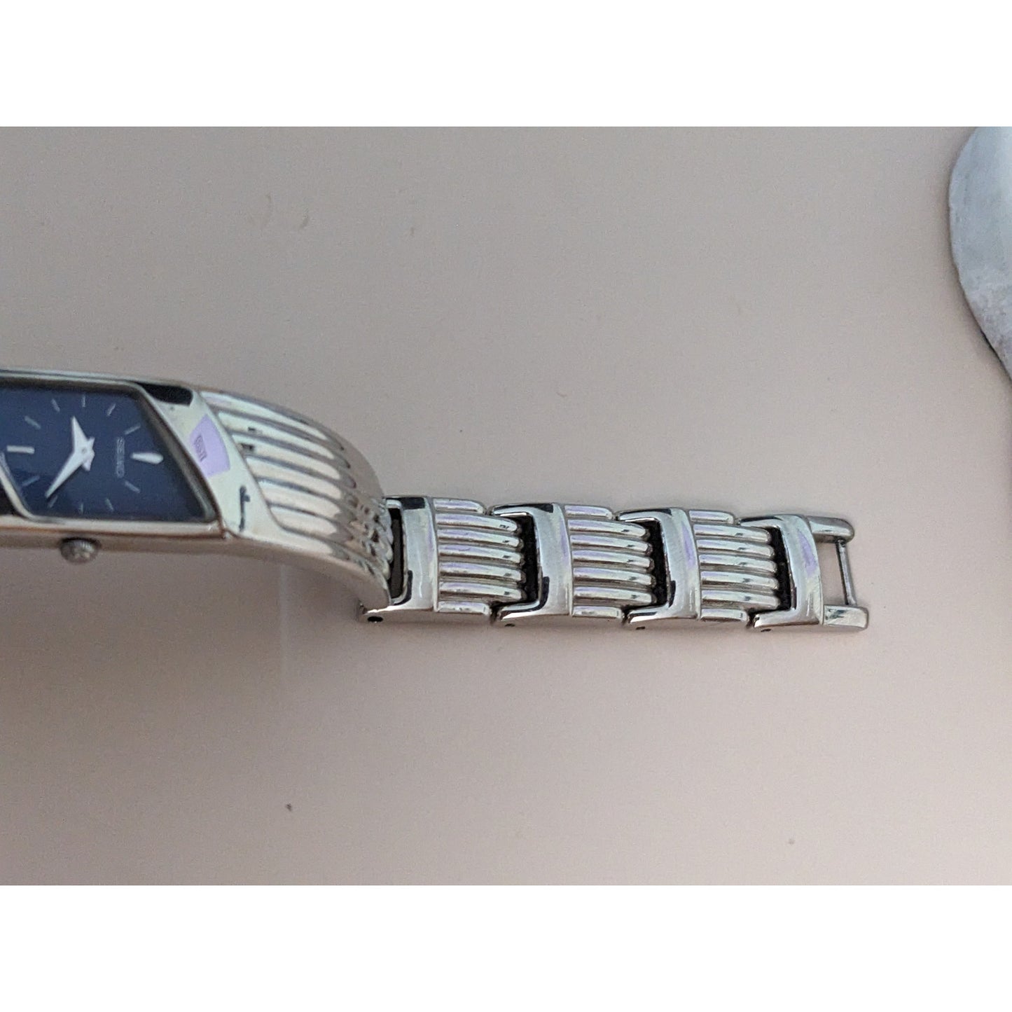 Vintage Andre Mouche Silver Tone Bangle Watch with Blue Floral Enamel Working