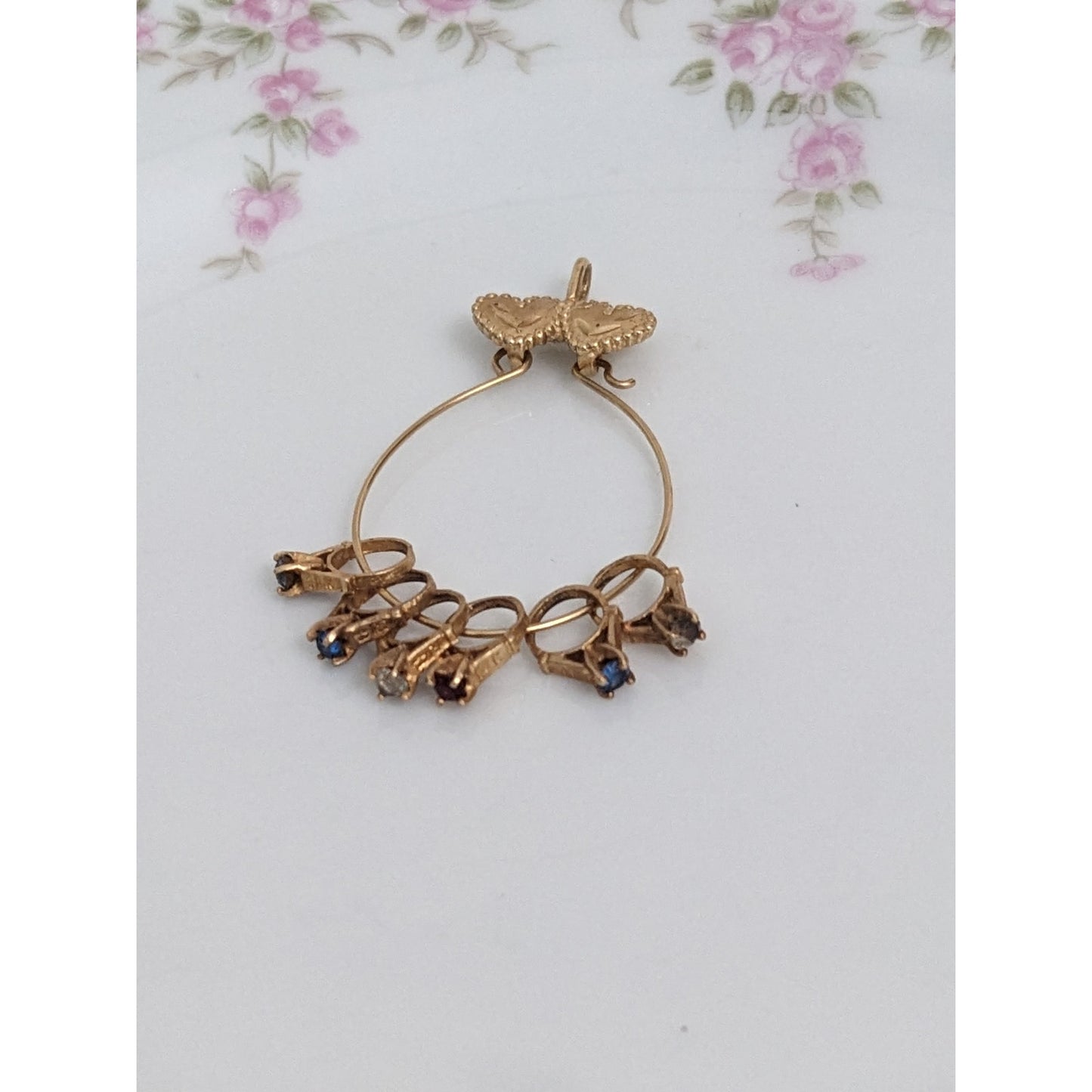 Vintage 14k Gold Double Hearts Charm Holder Pendant with 6 Mini Ring Charms