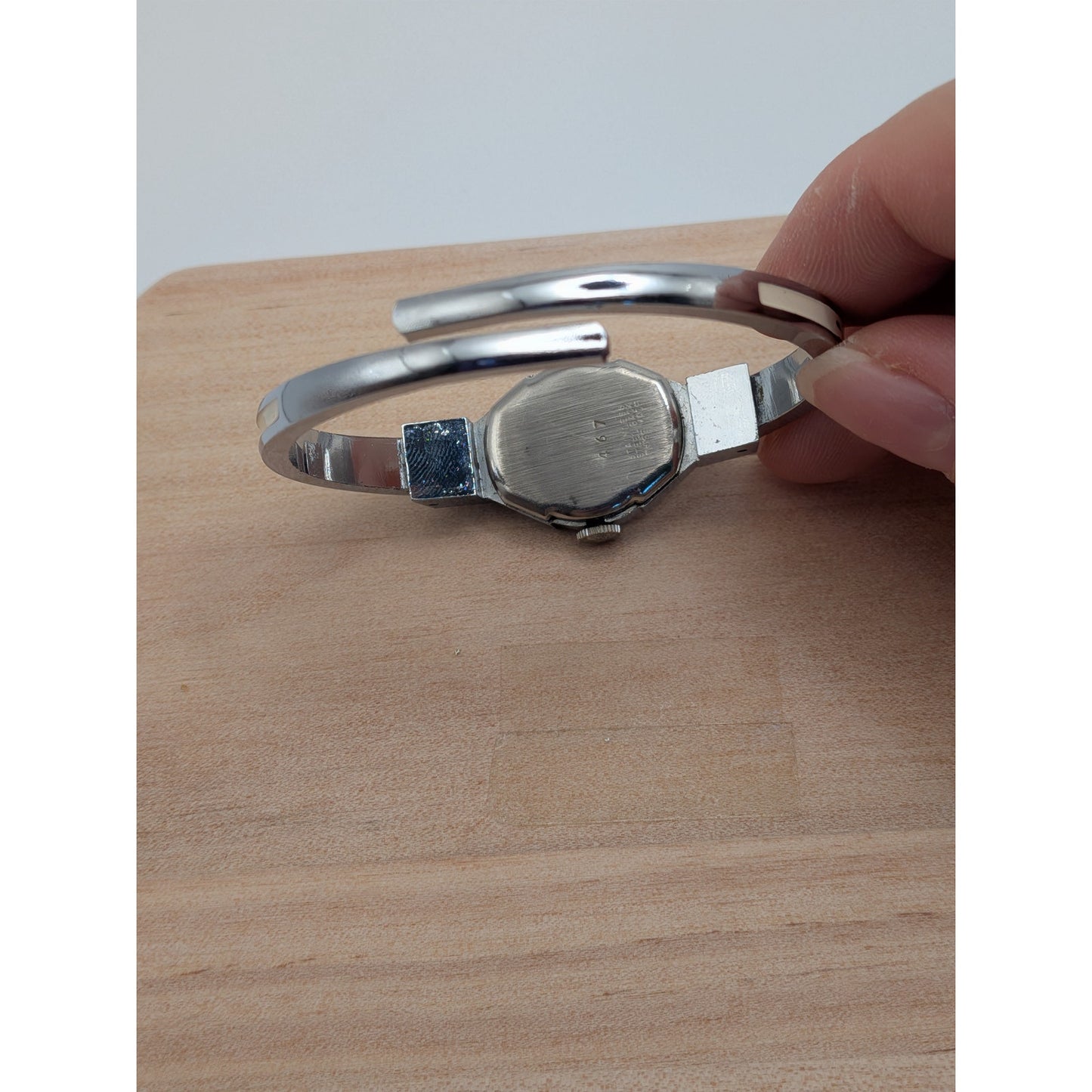 Vintage Lucerne Silver Tone Bangle Watch White Enamel Red Flowers