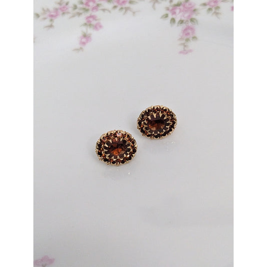 Vintage Unmarked 14k Gold Deep Orange/Brown Gem Halo Stud Earrings