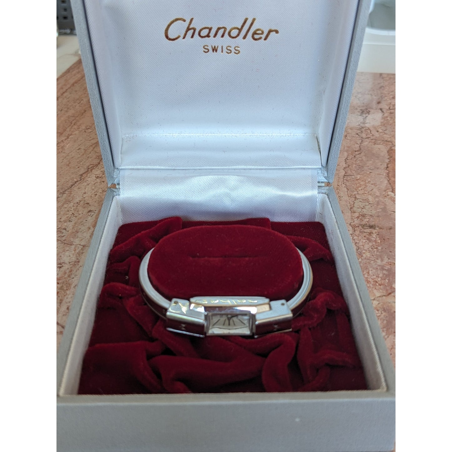Vintage Chandler Manual Silver Tone Bangle Watch Red Enamel Botanical Shqapes
