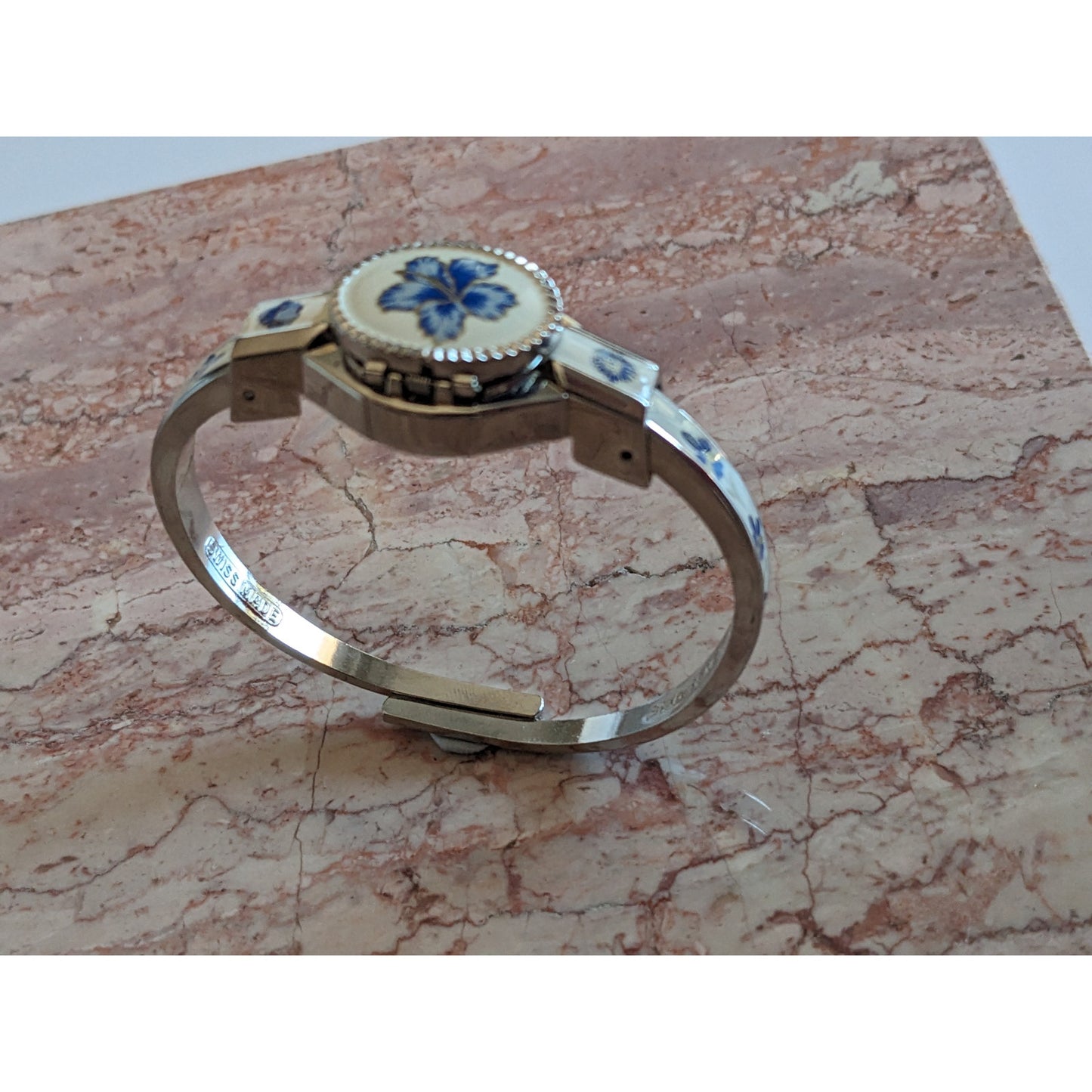 Vintage Andre Mouche Silver Tone Bangle Watch White Enamel Blue Flowers