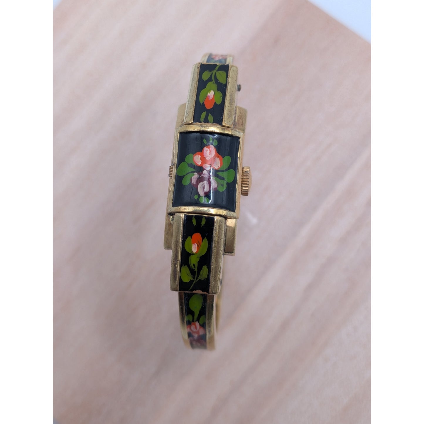 Vintage Ritma Gold Tone Peekaboo Watch Black Enamel Pink Purple Flowers