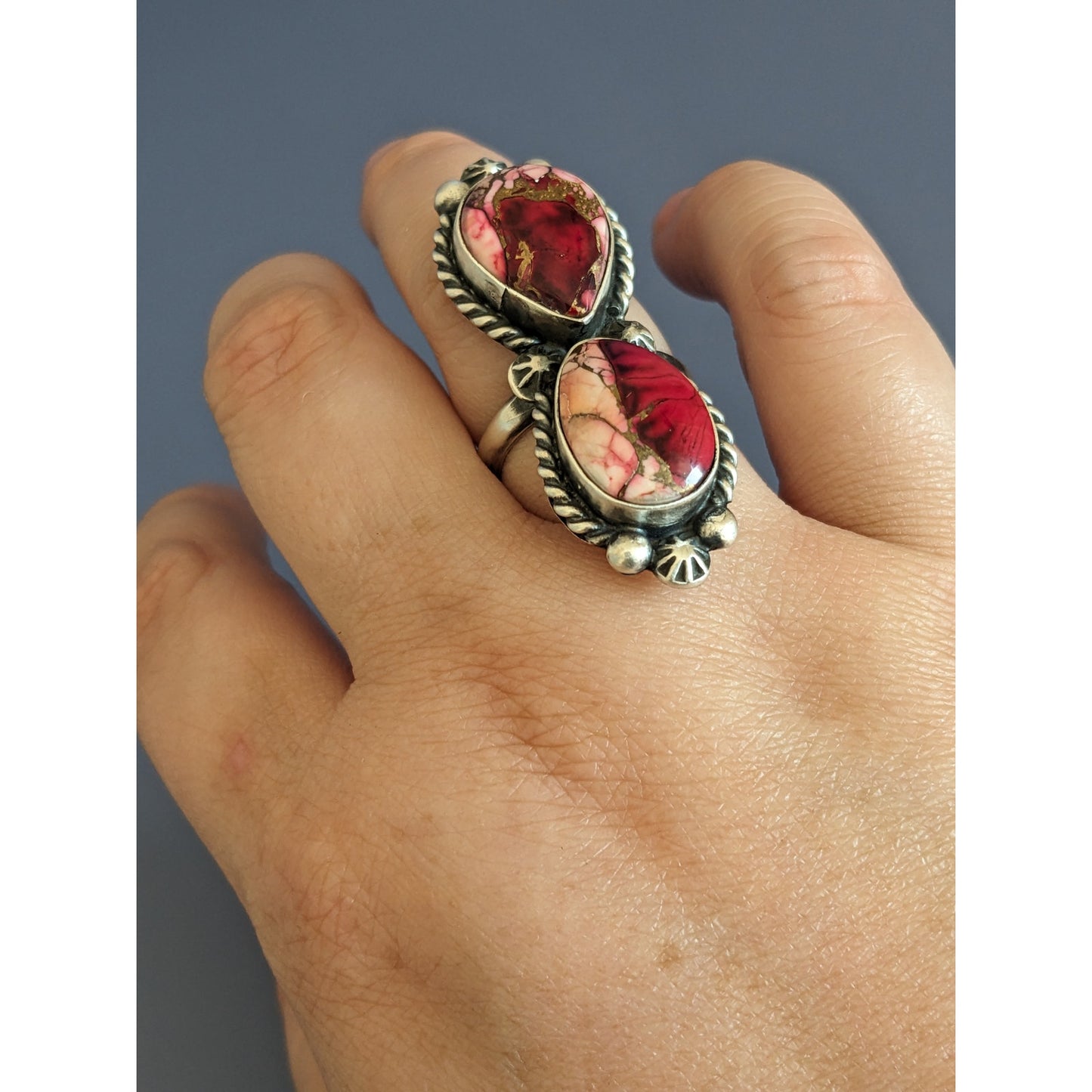 Vintage Eugene Belone Navajo 925 Sterling Silver Dahlia Rose Double Stone Ring