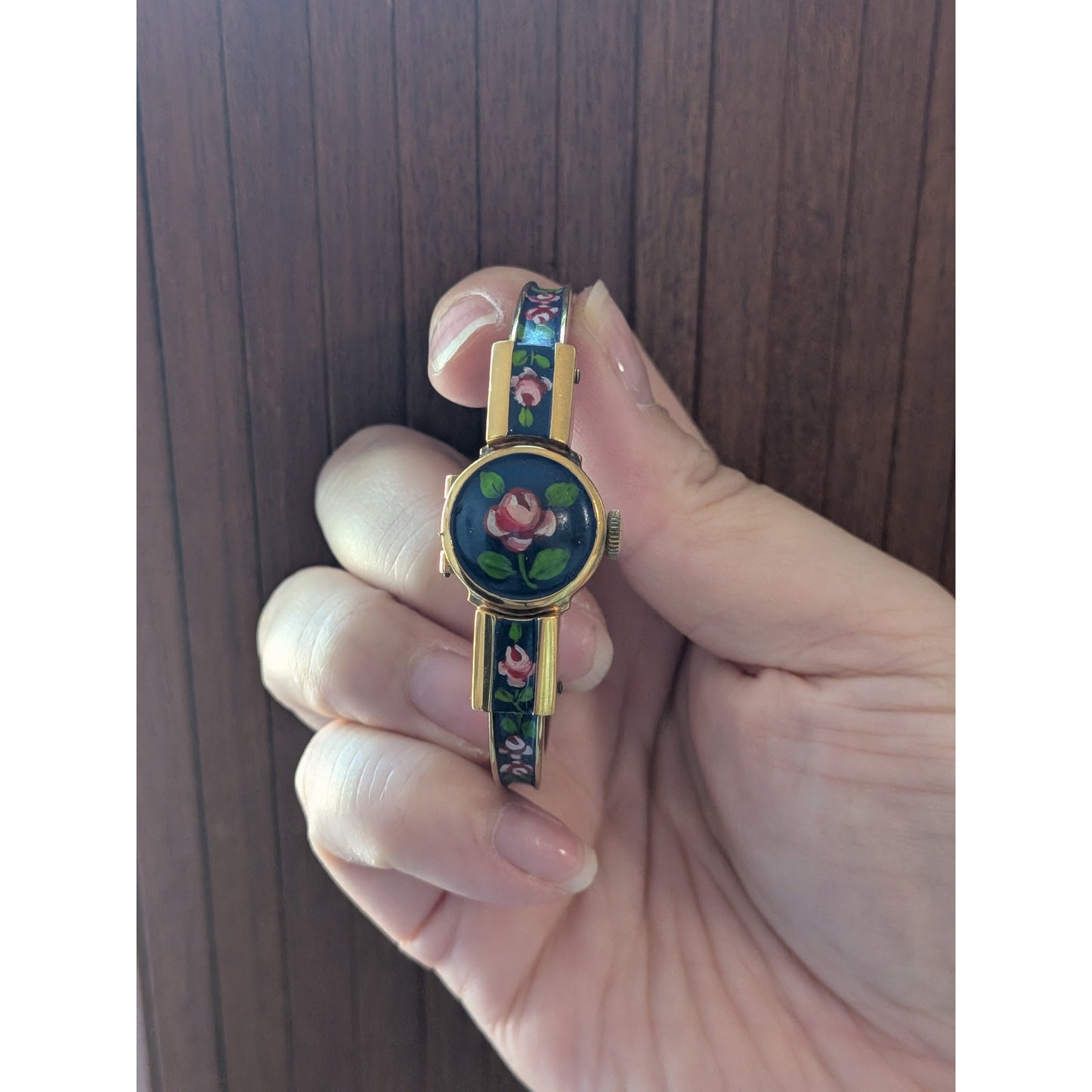 Vintage Catorex Gold Tone Peekaboo Manual Watch Blue Enamel Red Flowers
