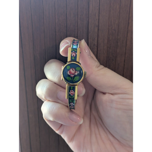 Vintage Catorex Gold Tone Peekaboo Manual Watch Blue Enamel Red Flowers