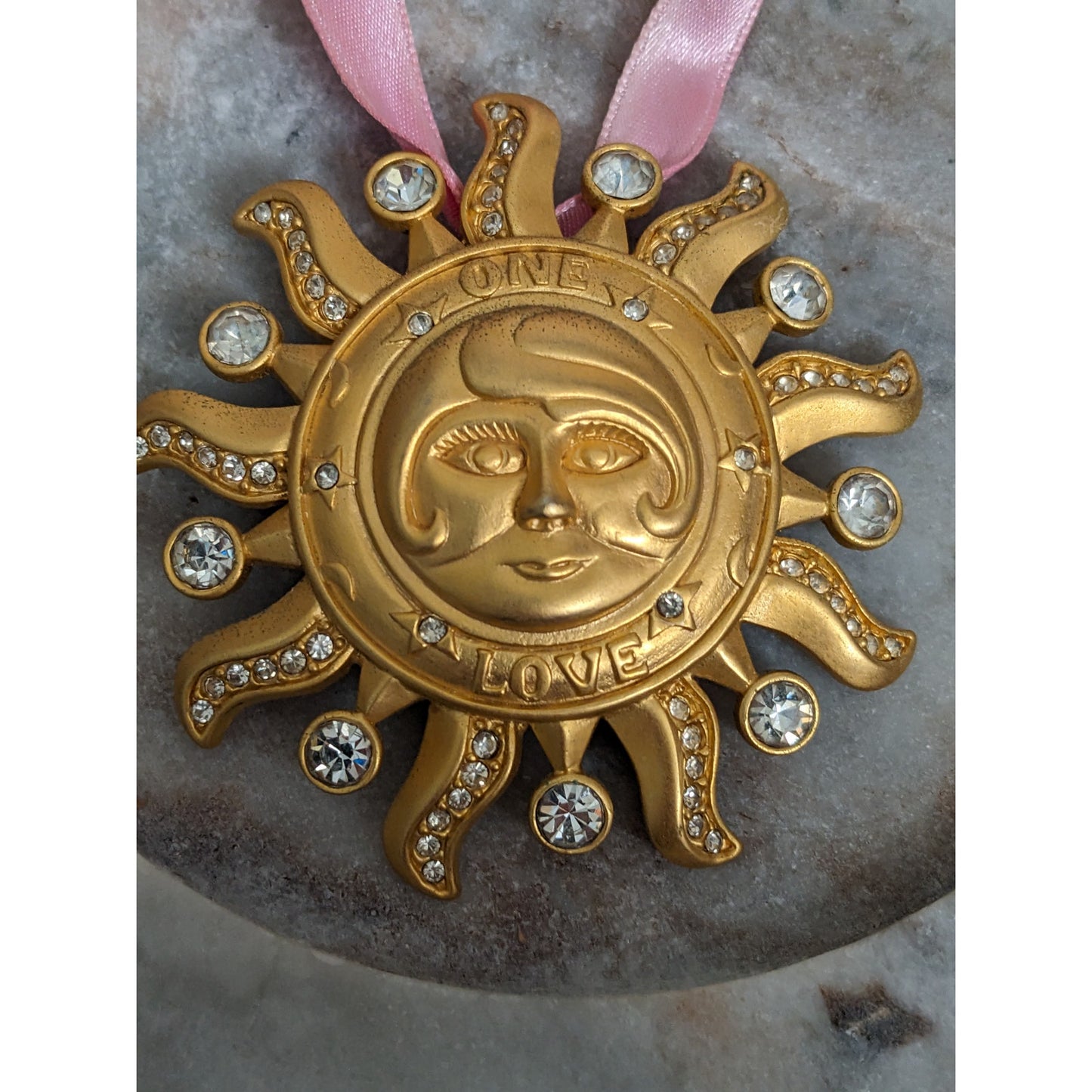 Vintage Kirks Folly Gold Tone Sun Face One Love Brooch/Pendant