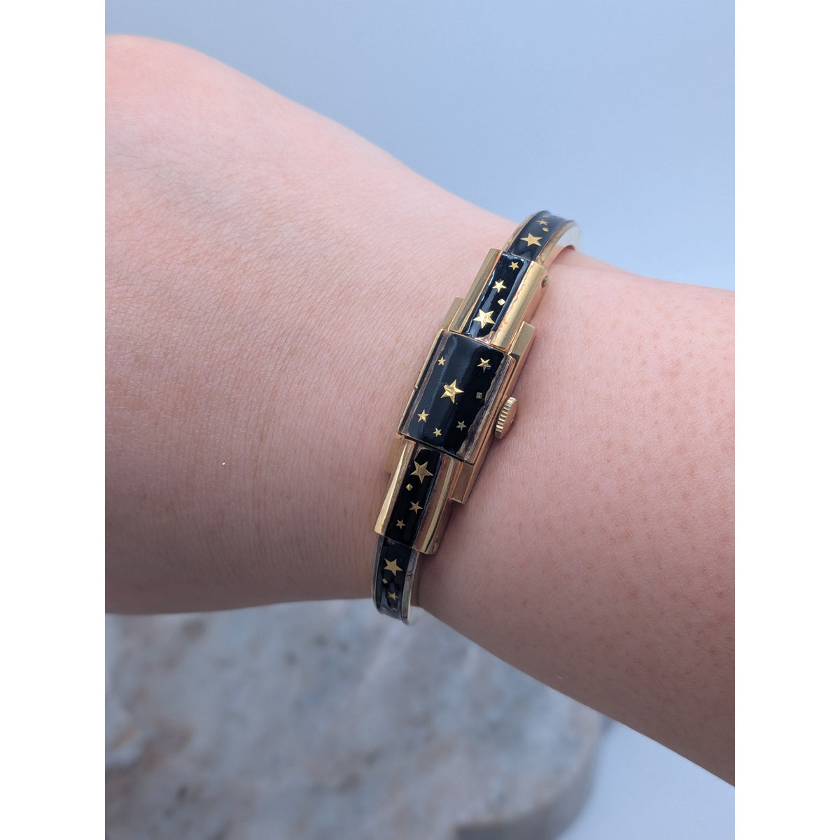 FLAW Vintage Bucherer Gold Peekaboo Watch Black Enamel Gold Stars POOR CONDITION