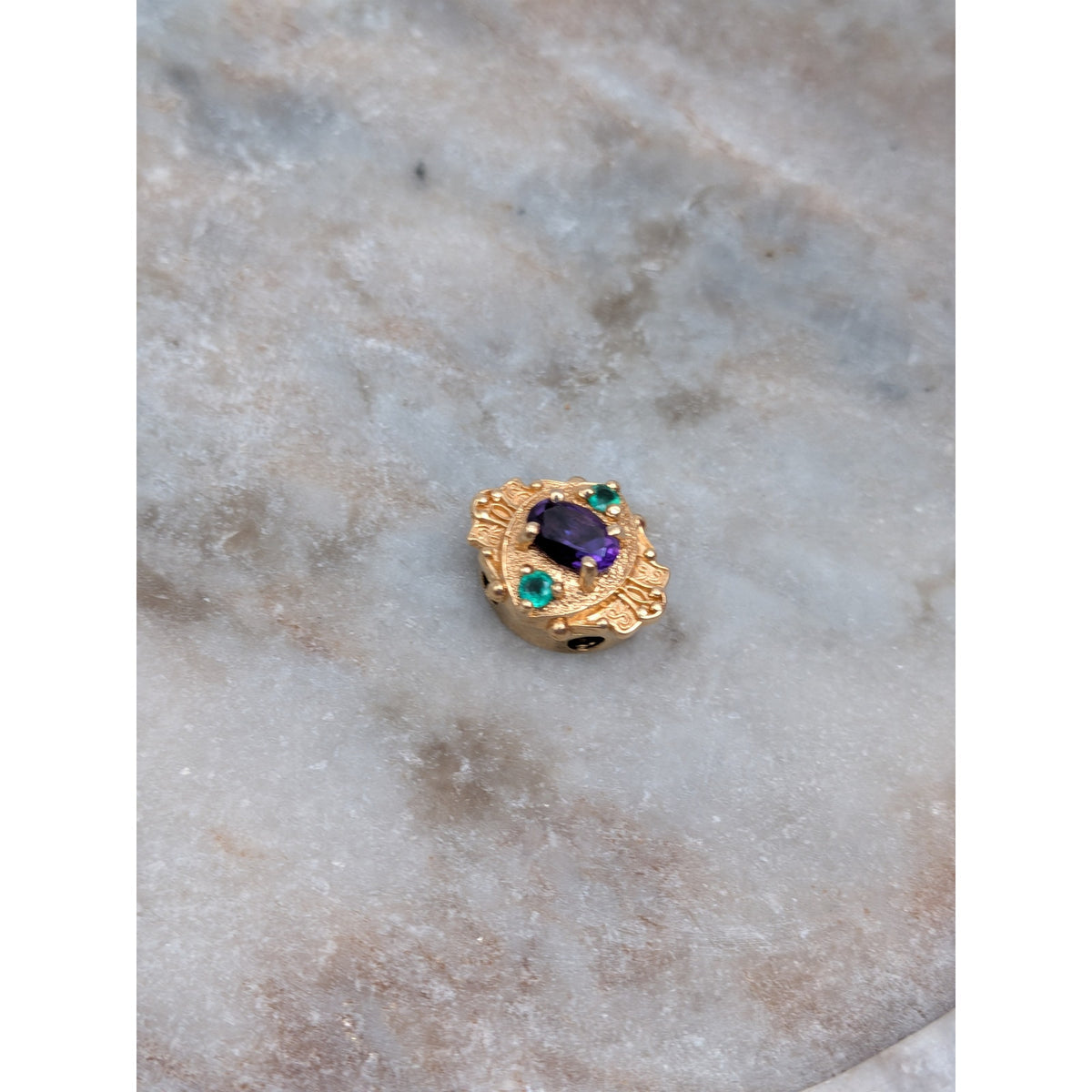 Vintage Old Victoria 14k Gold Bracelet Slide Charm Purple & Green Stones