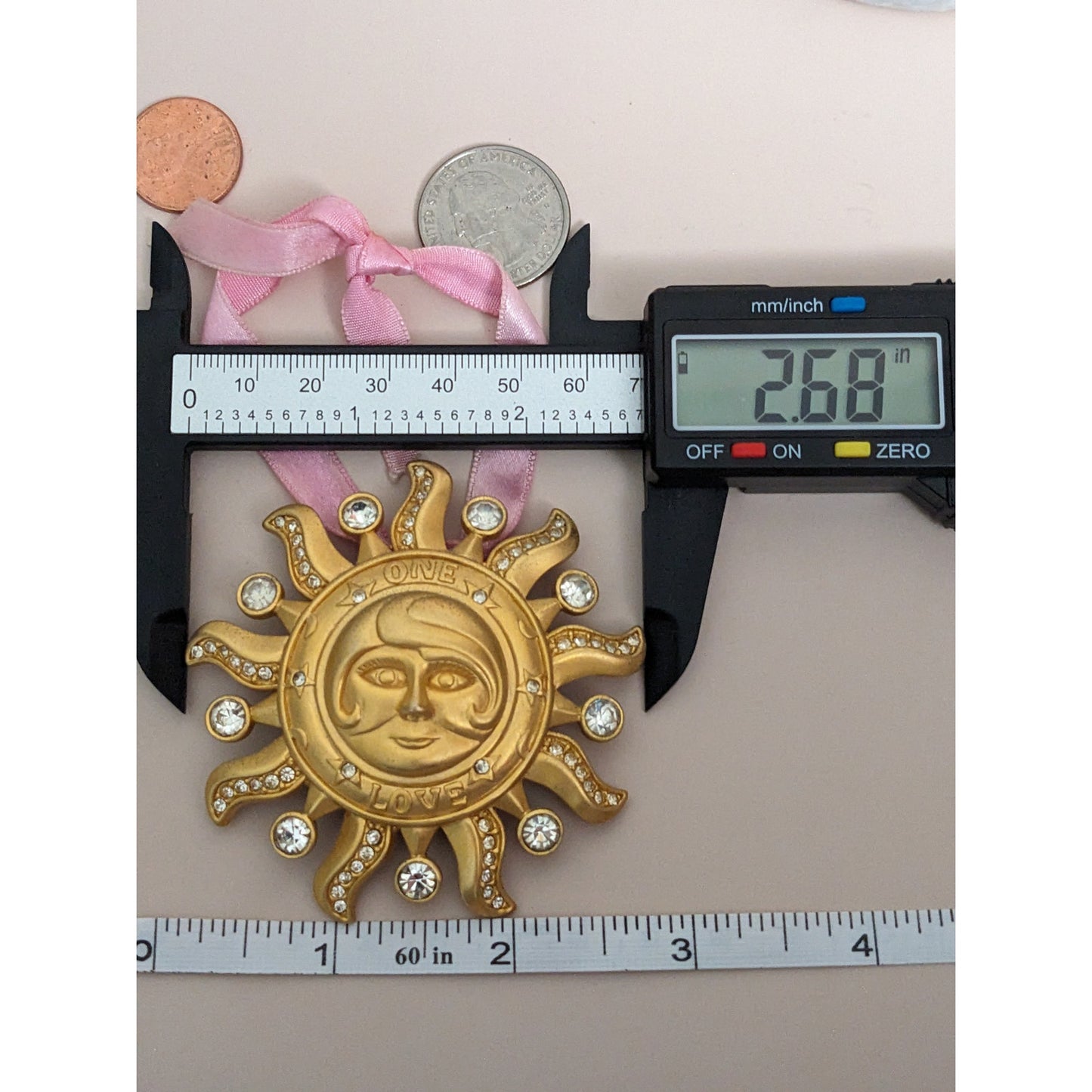 Vintage Kirks Folly Gold Tone Sun Face One Love Brooch/Pendant