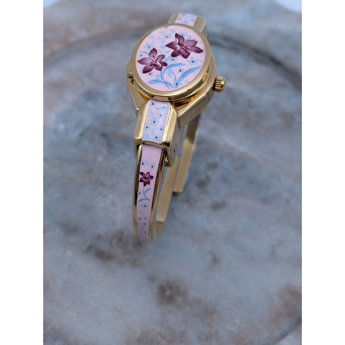 Preowned Andre Mouche Gold Tone Peekaboo Watch Pink Enamel Purple Flowers