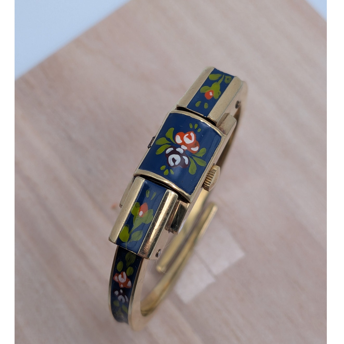 Vintage Ritma Gold Tone Peekaboo Manual Watch Blue Enamel Flowers