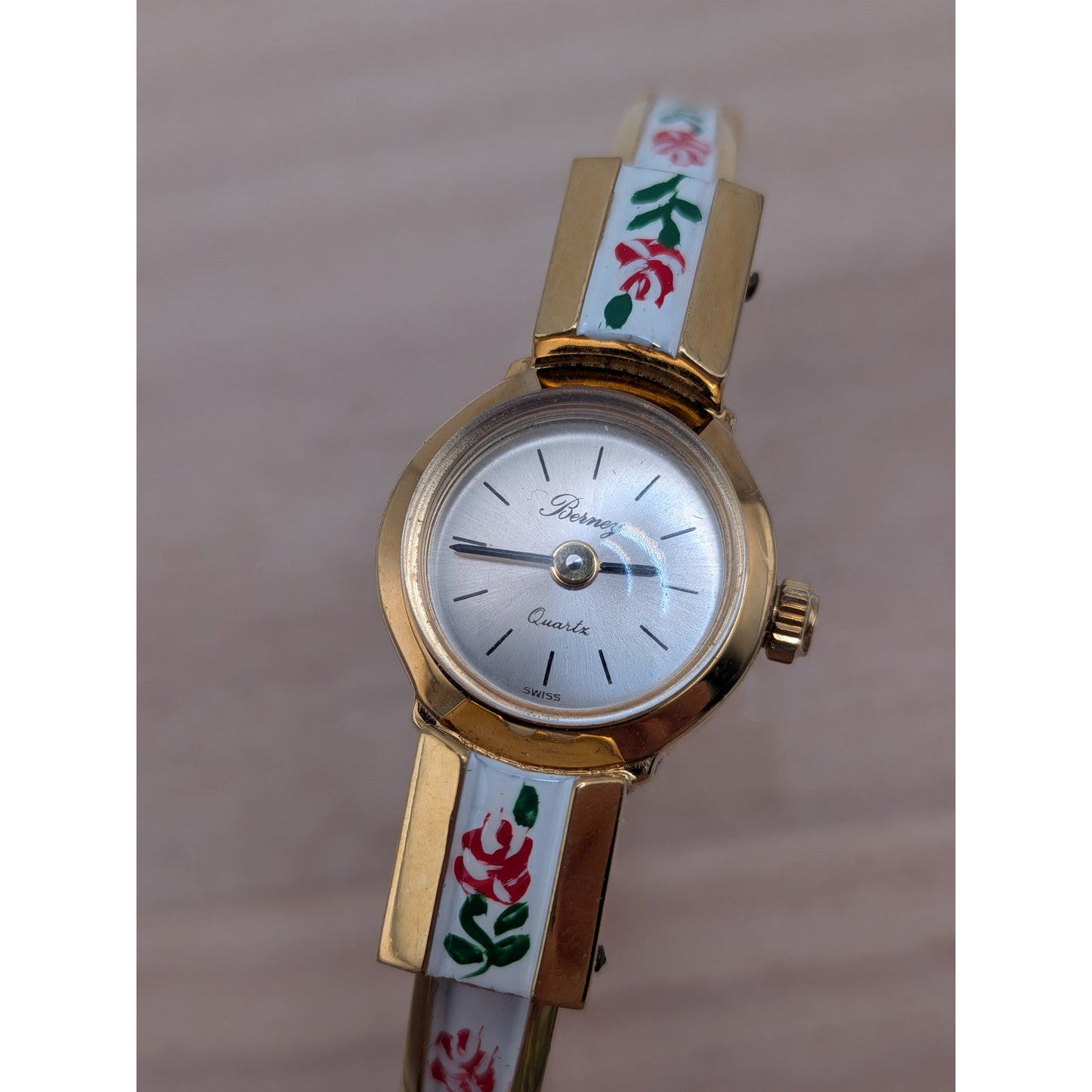 Vintage Berney Gold Tone Watch White Enamel with Red Flowers