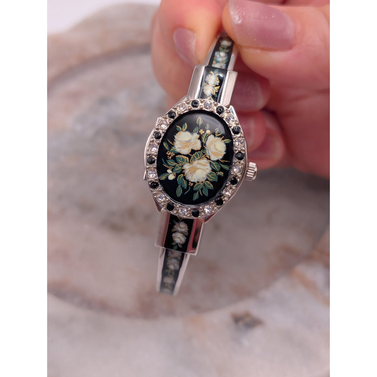 Andre Mouche Silver Tone Bangle Peekaboo Watch Black Enamel White Roses & Stones