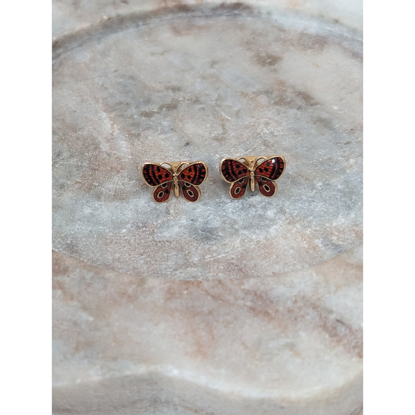 Vintage 14k Yellow Gold Butterfly Enamel Red and Black Stud Earrings