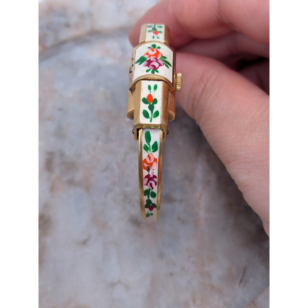 Vintage Ritma MANUAL Gold Tole Peekaboo Dainty Watch White Enamel And Flowers