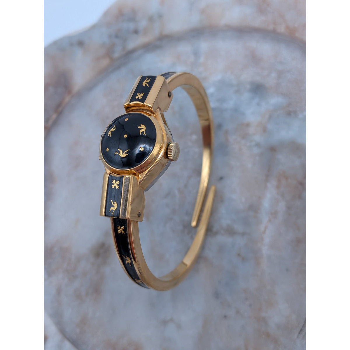 Vintage Consul MANUAL Gold Tone Peekaboo Watch Black Enamel Gold Birds & Flowers