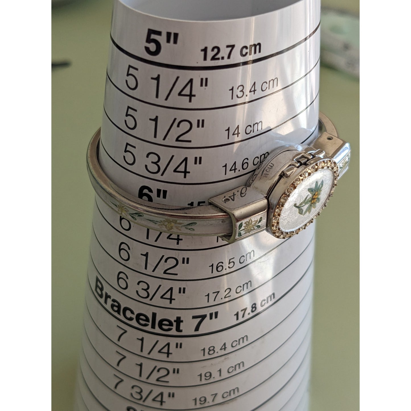Vintage Andre Mouche Silver Tone Bangle Peekaboo Watch, Silver Enamel
