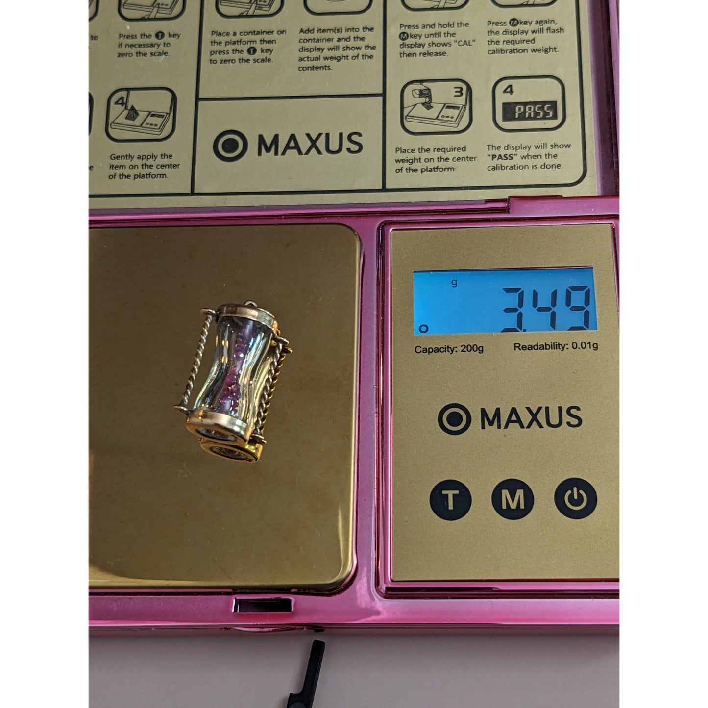 Vintage 14k Yellow Gold 3D Hourglass Pendant with Rubies