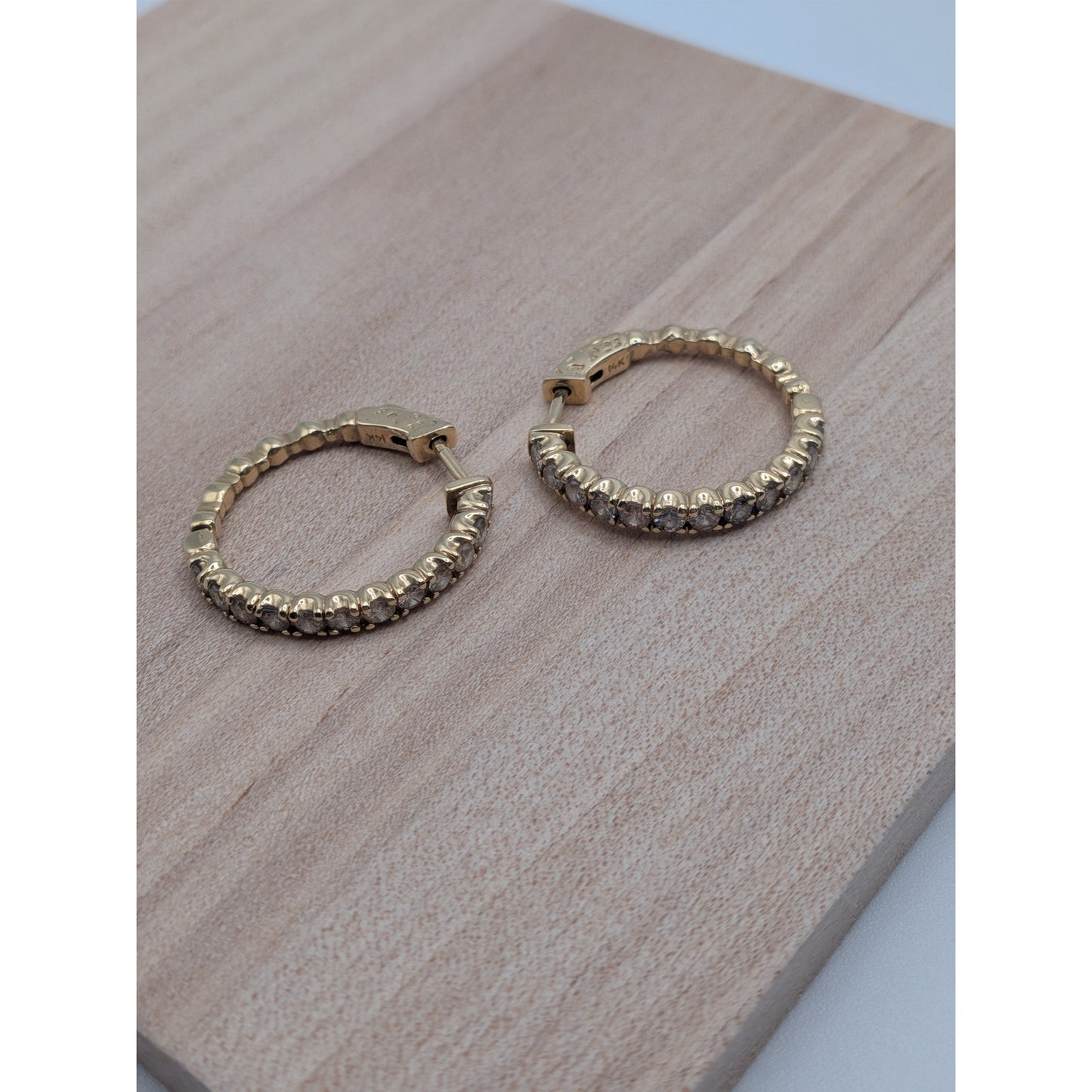 Vintage 14k Yellow Gold Huggie Hoop Earrings with Round Diamonds