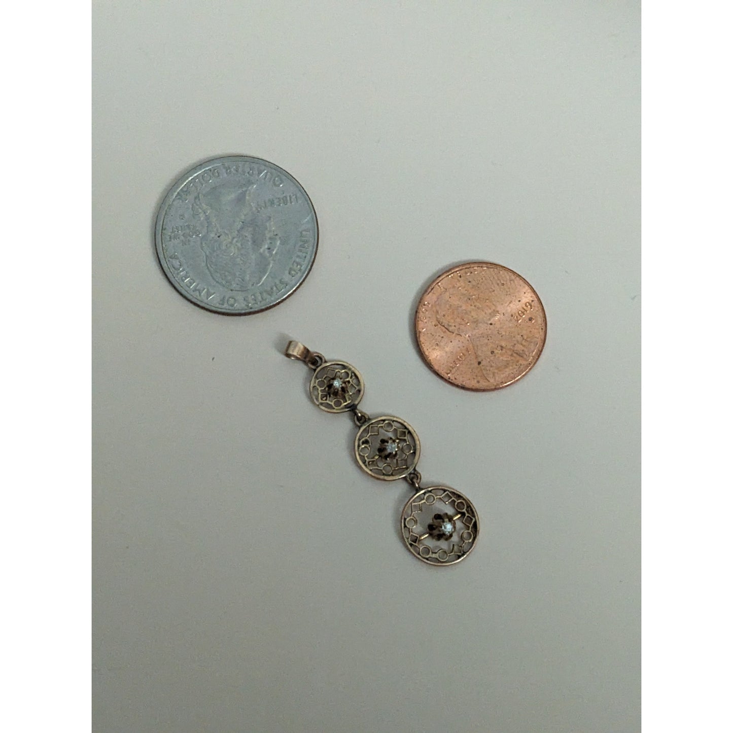 Antique 10k Gold Triple Drop Circular Filigree with Diamond Accent Pendant