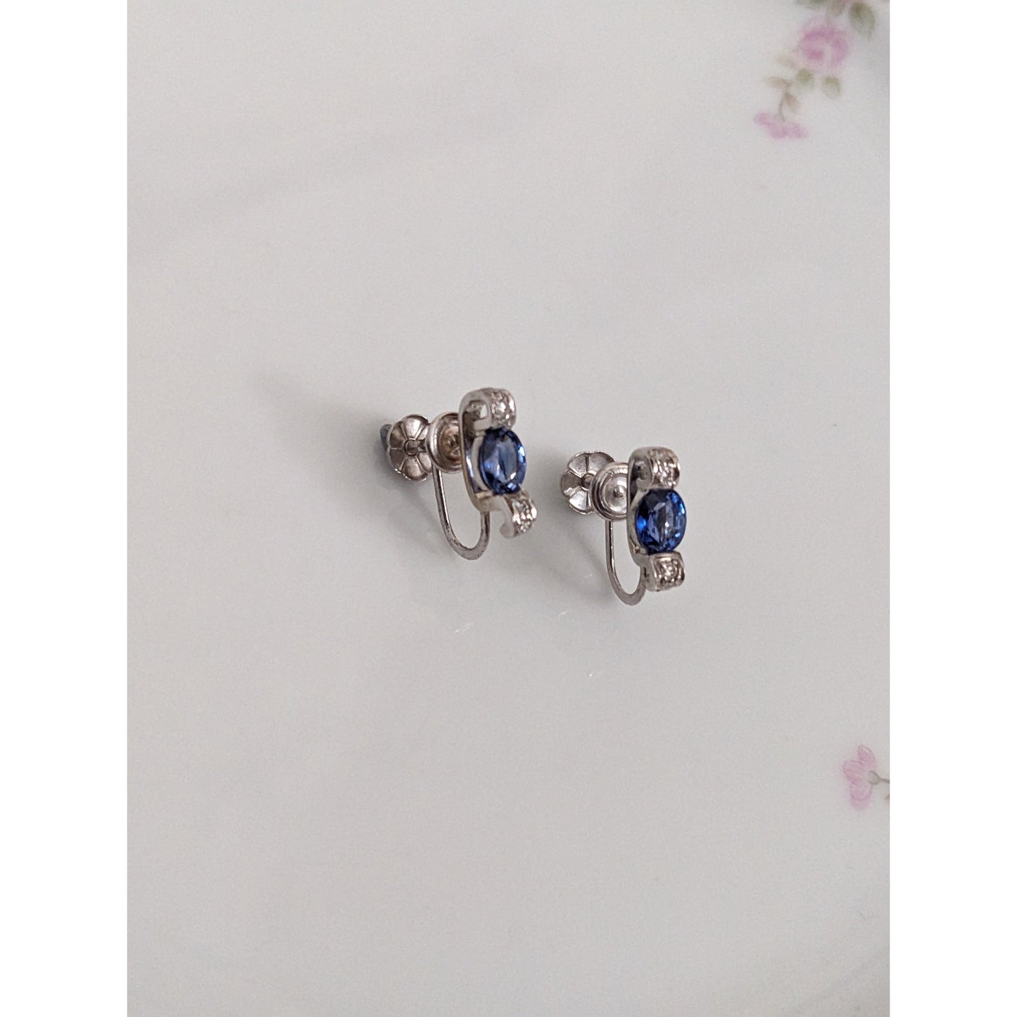 Estate 14k White Gold Screwback Earrings with Blue and White Gems