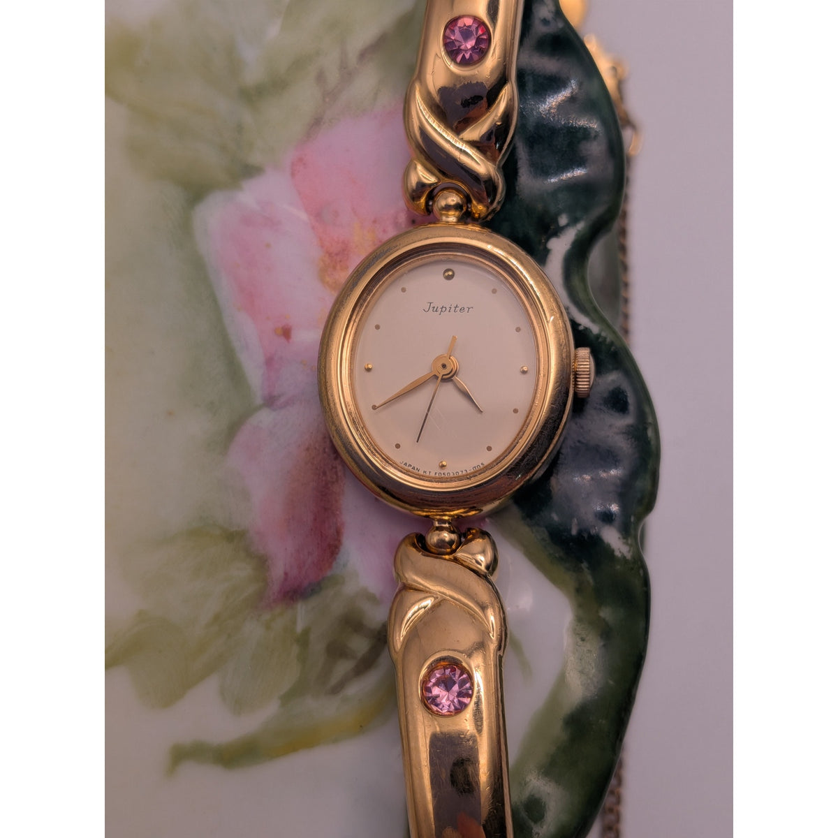 Vintage Orient Jupiter Quartz Gold Tone Watch with Pink Stones and Heart Links