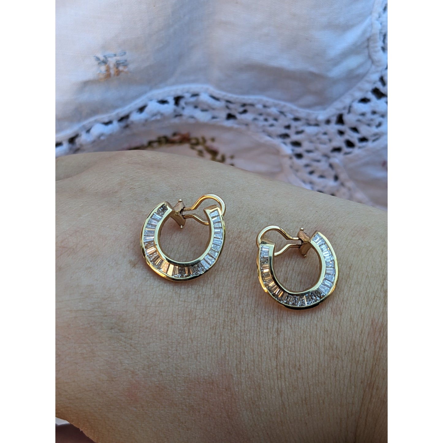 Estate 14k Yellow Gold Baguette Diamonds Omega Backing Earrings