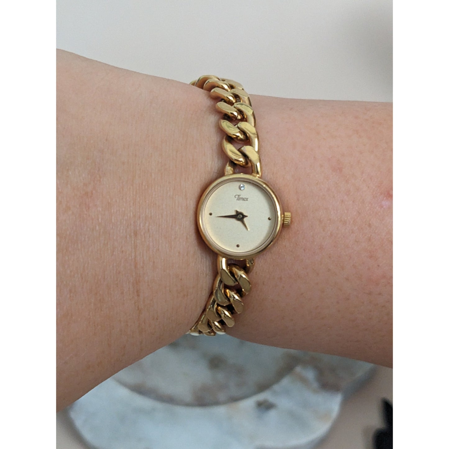 Vintage Andre Mouche Silver Tone Bangle Watch with Blue Floral Enamel Working