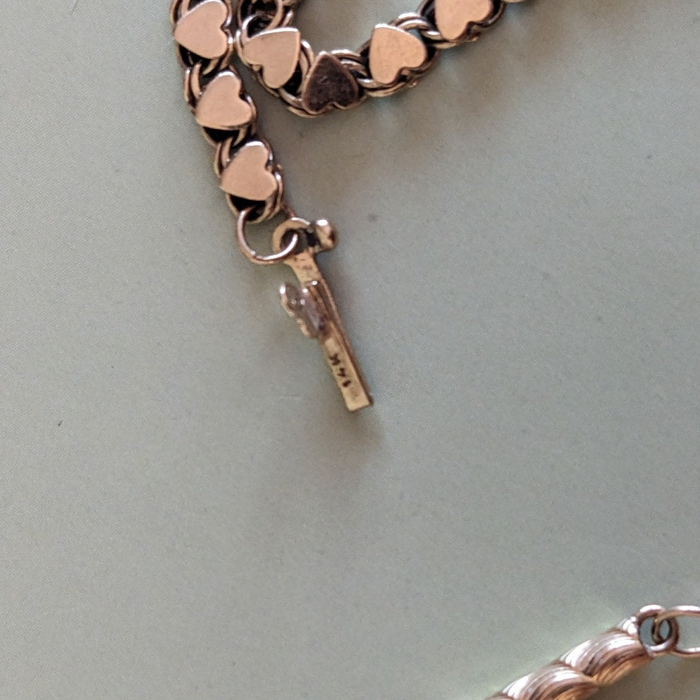 Estate 14k Yellow Gold Heart Links Chain Bracelet 7.5in