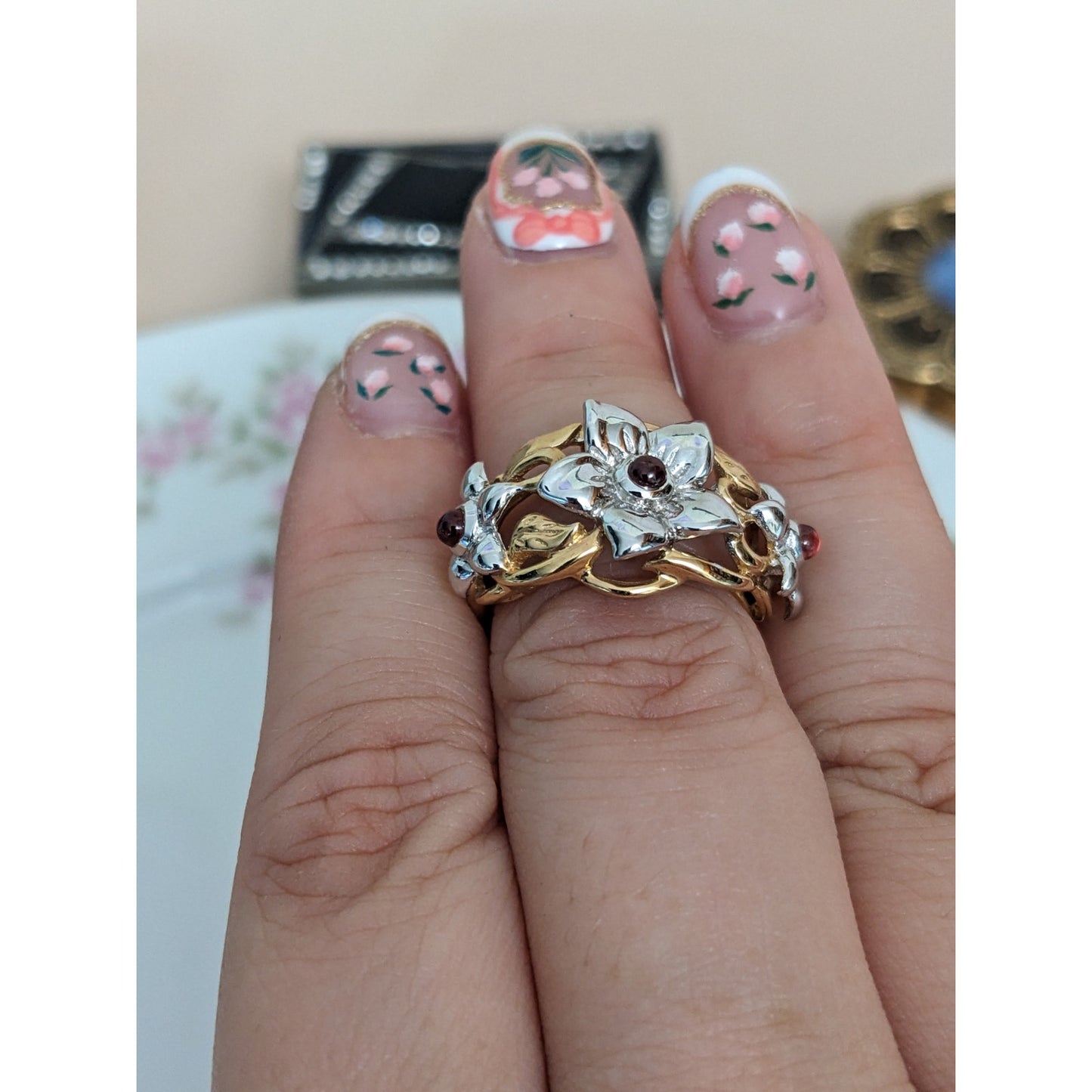 Estate 14k Yellow and White Gold Flower Ring with Pink Gems Size 5 US