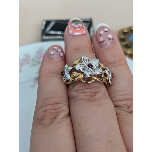 Estate 14k Yellow and White Gold Flower Ring with Pink Gems Size 5 US