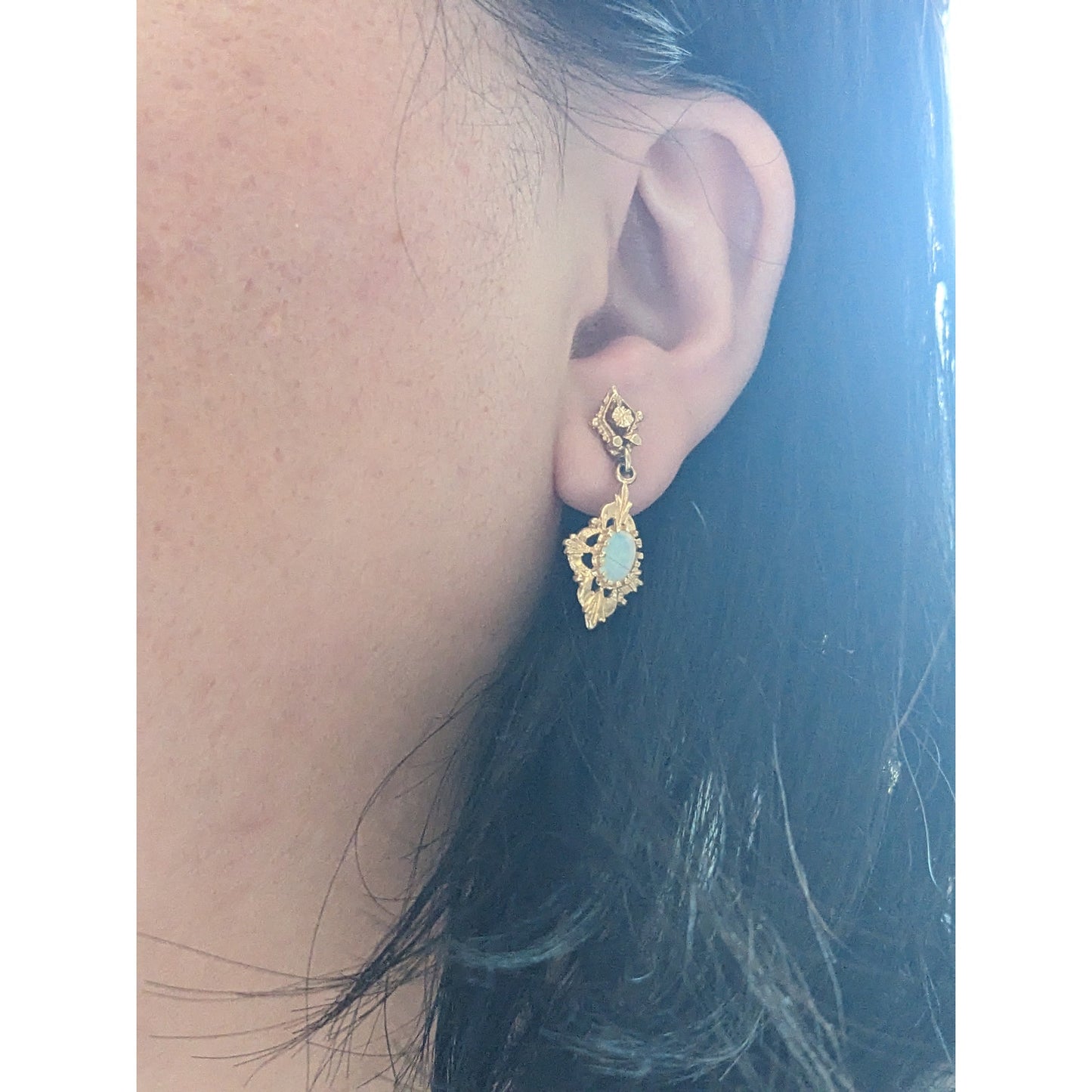 Vintage 14k Yellow Gold with Lab Opals Drop Dangle Earrings