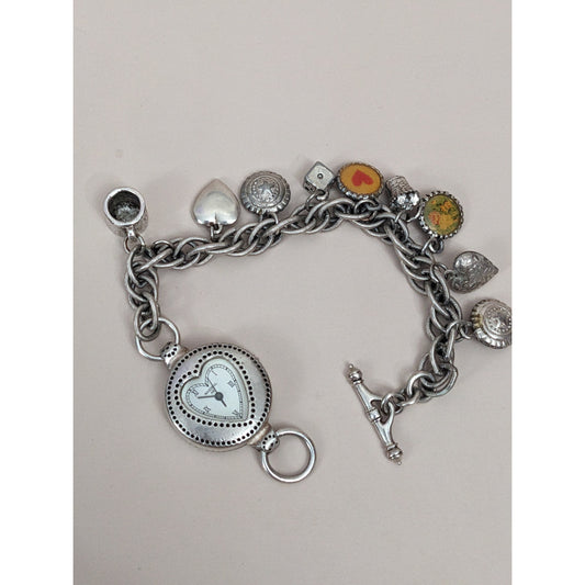 Vintage Andre Mouche Silver Tone Bangle Watch with Blue Floral Enamel Working