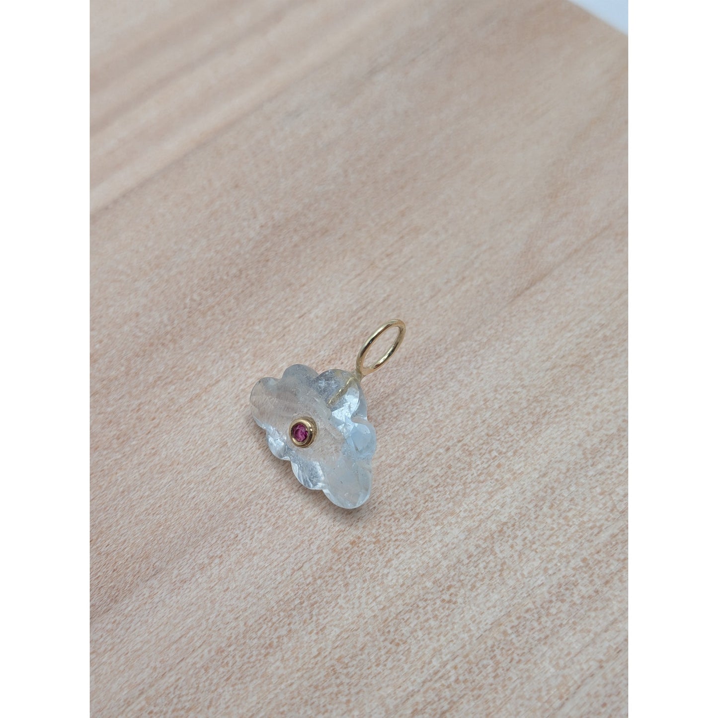 14K Gold Blue Topaz Cloud Pendant Natural Ruby Inlay Carved Gemstone
